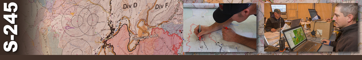 Decorative banner: One background photo of a map and two inset photos depict wildland fire map interpretation. Background image of a topo map with division locations. Inset of a man using a marker to draw on a topo map. Second inset of two men sitting at tables in a tent working on laptops.