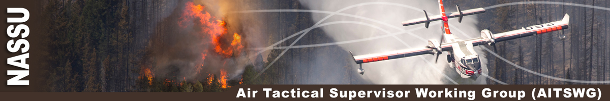 ATGS Working Group header graphic.  Photo of a water scooper plane dropping load on forest below. Decorative.