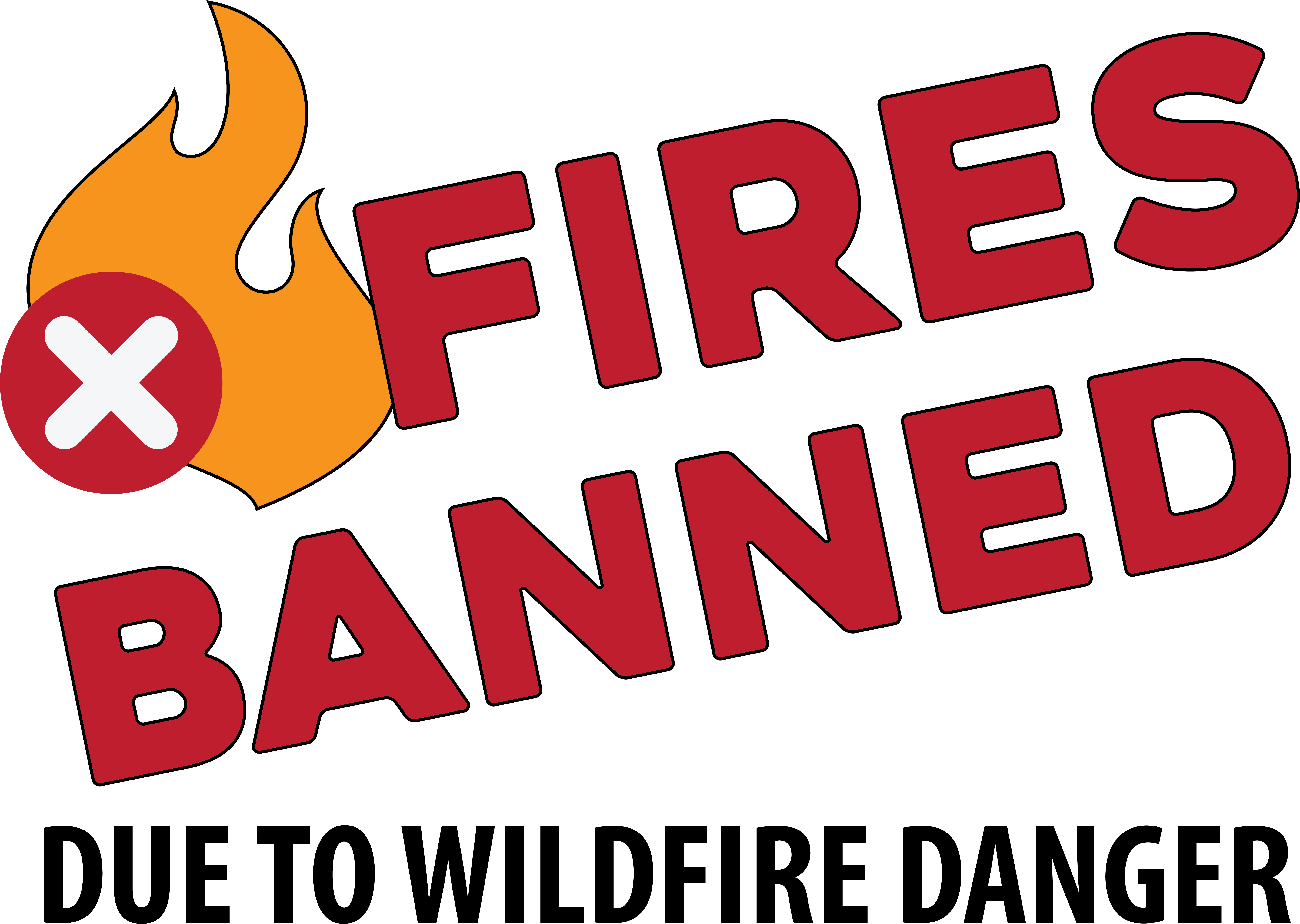 Fires banned due to wildfire danger with X prohibited symbol over a flame