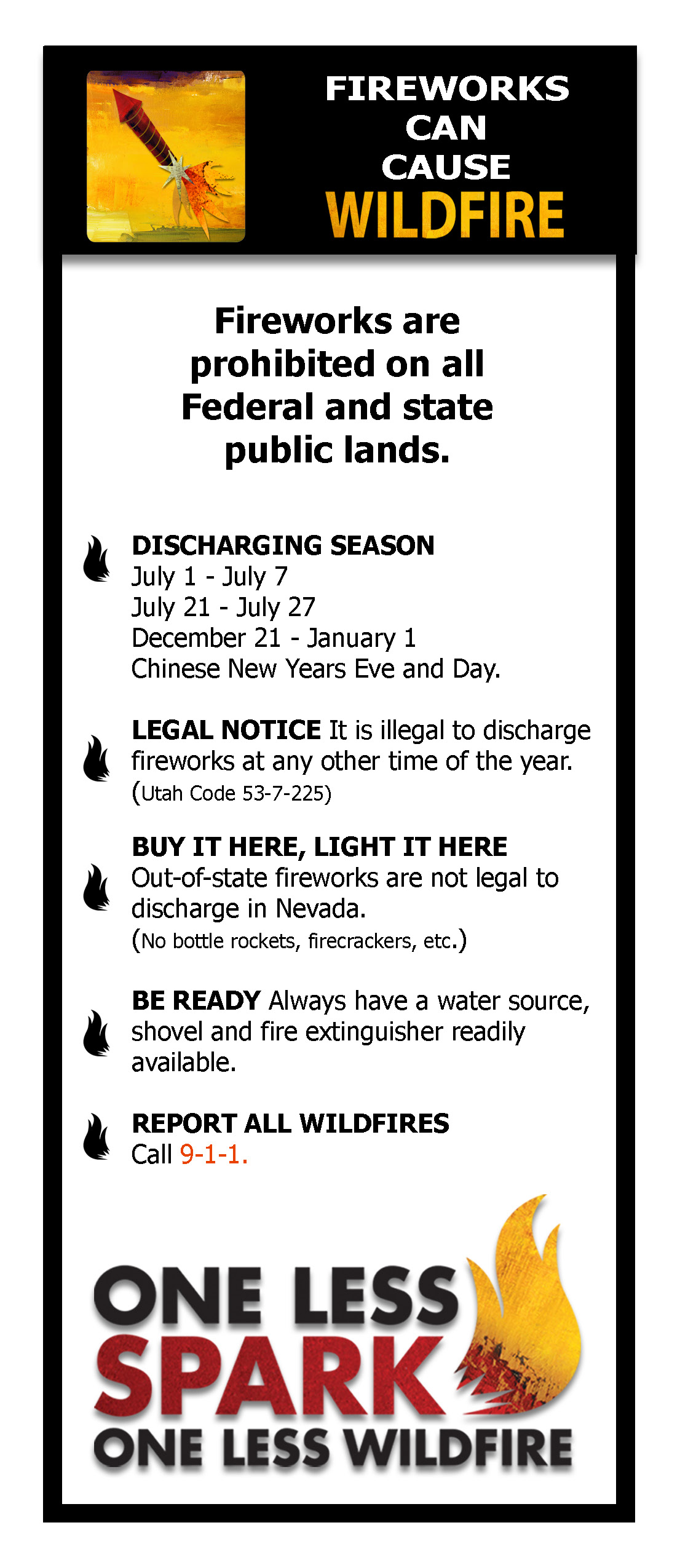 3.6 inch wide by 8.5 inch tall rack card; Fireworks can cause wildfire printed on top next to a picture of a rocket with flames. Fireworks prohibited on all Federal and State public lands; Black flame bullet points with: Discharge Season, Legal Notice, Buy it here, light it here, Be ready and report all wildfires. 