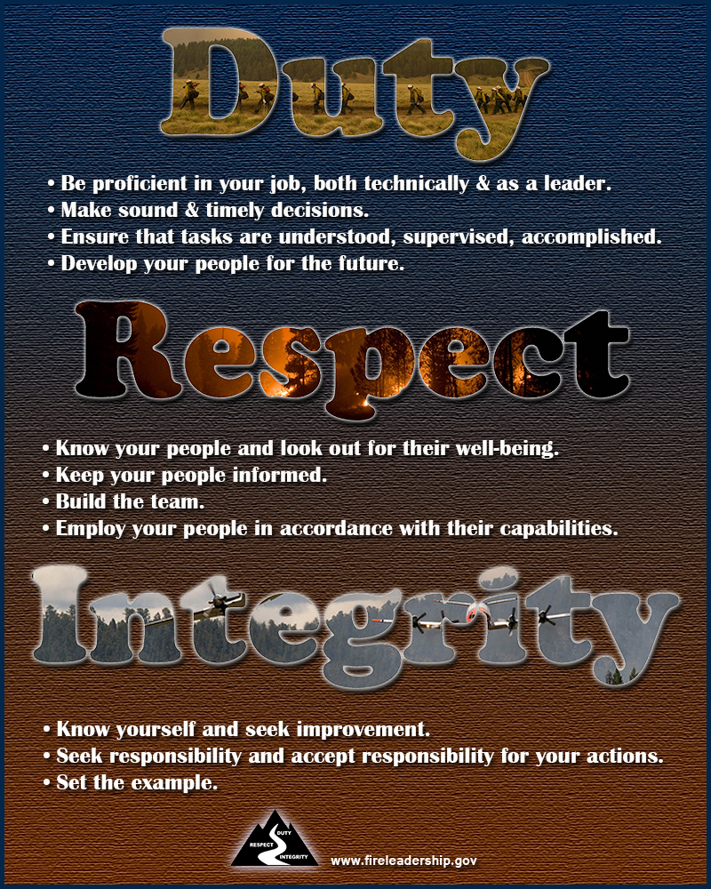 Duty Respect Integrity poster with values written out.