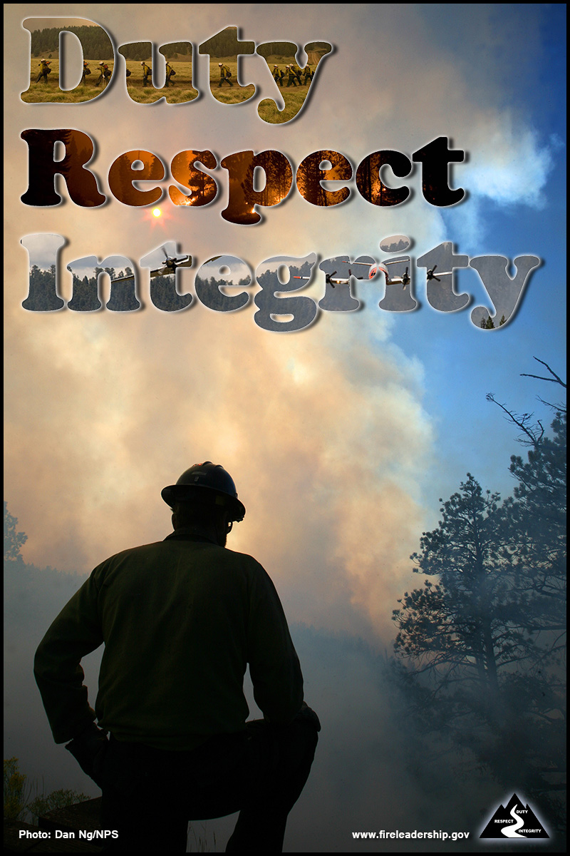 Duty Respect Integrity poster. Shows firefighter kneeling and looking at a column of smoke.