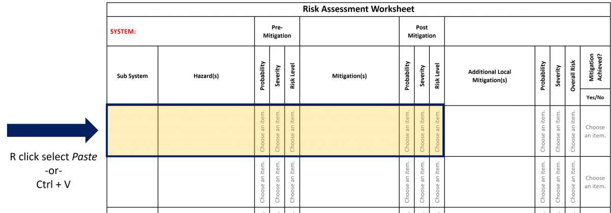 Directions for pasting the copied selection into the Risk Assessment Workbook.