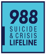 988 Suicide and Crisis Lifeline. Dark blue font on cyan colored background in box.