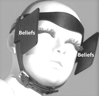 Graphic of a person wearing blinders with the words belief on each side. 