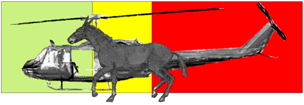 Graphic showing a mule in front of a helicopter representing that safety around helicopters is how you should work around pack animals.