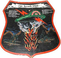 The Fire Record 1966 shield graphic showing flames,and thunderbolt in front of mountains and timber.