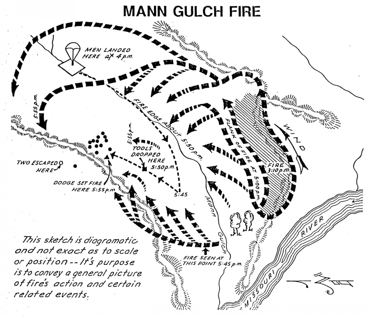 image map of the routes and location of firefighters on the Mann Gulch fire.