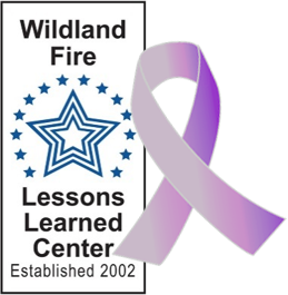 Ribbon symbol for survivor next to the Wildland Fire Leadership logo