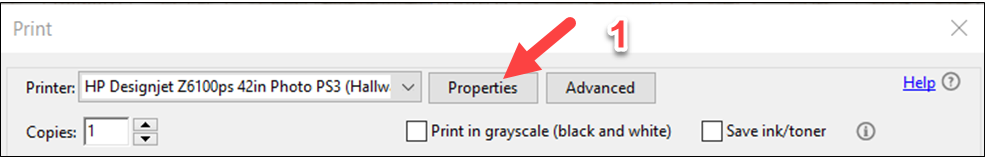 Print dialogue window showing selected printer and arrow pointing to Properties button.