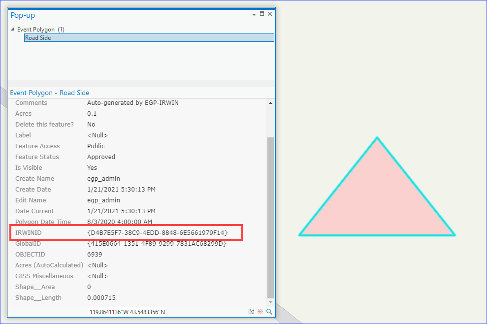 An auto-generated triangle in the Event Polygon layer with the attribute pop up showing the highlighted IRWIN ID.