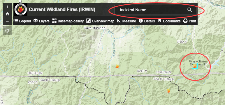 Highlighting the Search Function of the Current Wildland Fires (IRWIN) App in ArcGIS Online.