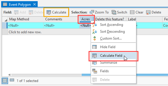 Event Polygon attribute table with one row selected.  Acres and Calculate Field highlighted.