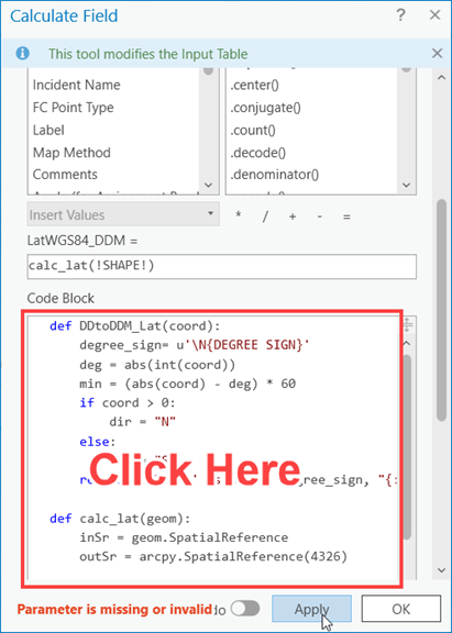 Calculate field window with the Code Block section highlight with the text "Click Here"