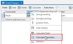 Event Polygon table with Acres selected and Calculate Geometry highlighted.