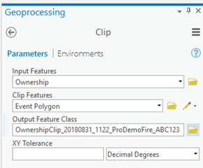 Geoprocessing window with input as ownership, clip features and event polygon and output feature class populated.
