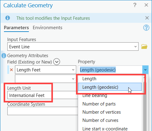 Calculate Geometry window with International Feet selected as the length unit.