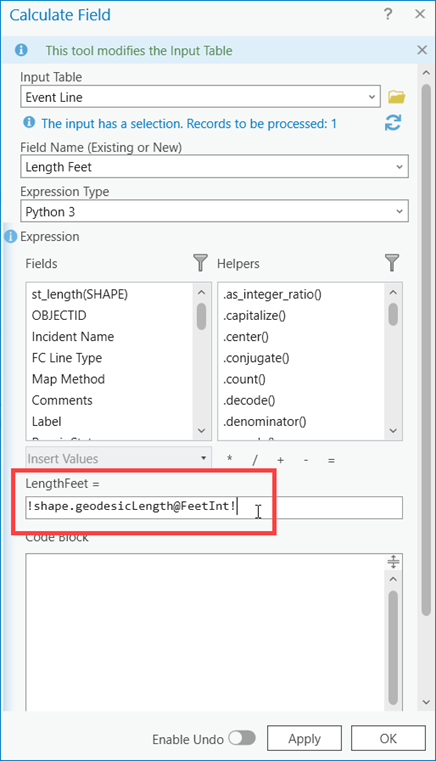Geoprocessing pane with LenthFeet = !shape.geodesicLength​@feetint! entry highlighted.
