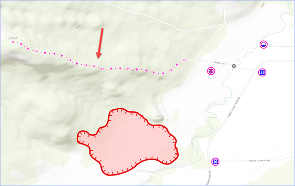 Planned handline highlighted along a ridge closer to the fire perimeter than the previous image.