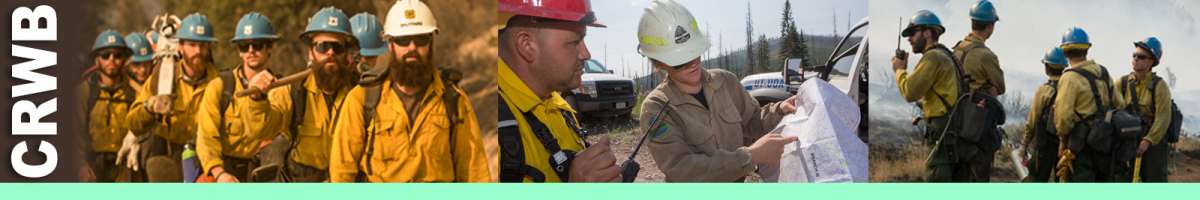 CRWB decorative banner: Three photos depicting crew boss position, firefighters marching, reviewing map, crew boss on radio and firefighters nearby.  CRWB Position Description:  The Crew Boss leads a hand crew and is responsible for their safety on wildland and prescribed fire incidents. The CRWB supervises assigned crewmembers and reports to a Strike Team/Task Force Leader or other assigned supervisor. The CRWB works in the Operations functional area.