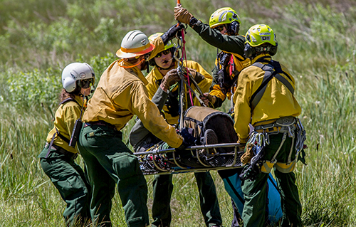 wildland firefighter short haul crew ready a basket carrying a person for transport. Decorative