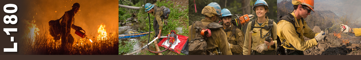 L-180 Decorative banner. Group of photos depicting wildland firefighters performing various duties.