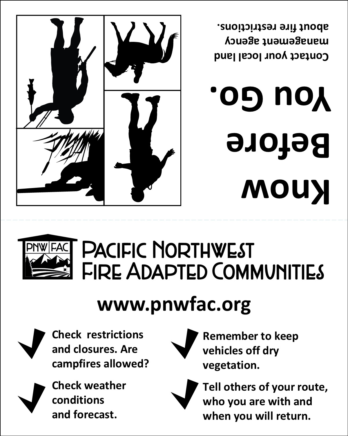 Know Before You Go. Illustration of figures hunting, hiking, fishing and biking. PNWFAC logo. Contact your local land management agency about fire restrictions.   Check  restrictions and closures. Are campfires allowed? Check weather conditions and forecast. Remember to keep vehicles off dry vegetation. Tell others of your route, who you are with and when you will return.