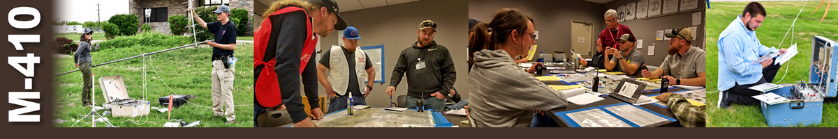 Decorative banner: Four photos of wildfire training classes. Two people erecting a communications antenna. Three students gather around maps on a table. An instructor shows three students sitting at a table how to do a project. A man kneels on grass in front of a communications case reading instructions.