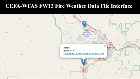CEFA-WFAS FW13 Fire Weather Data File Interface. Image of a map with the point of location and a popup giving a dexcription.