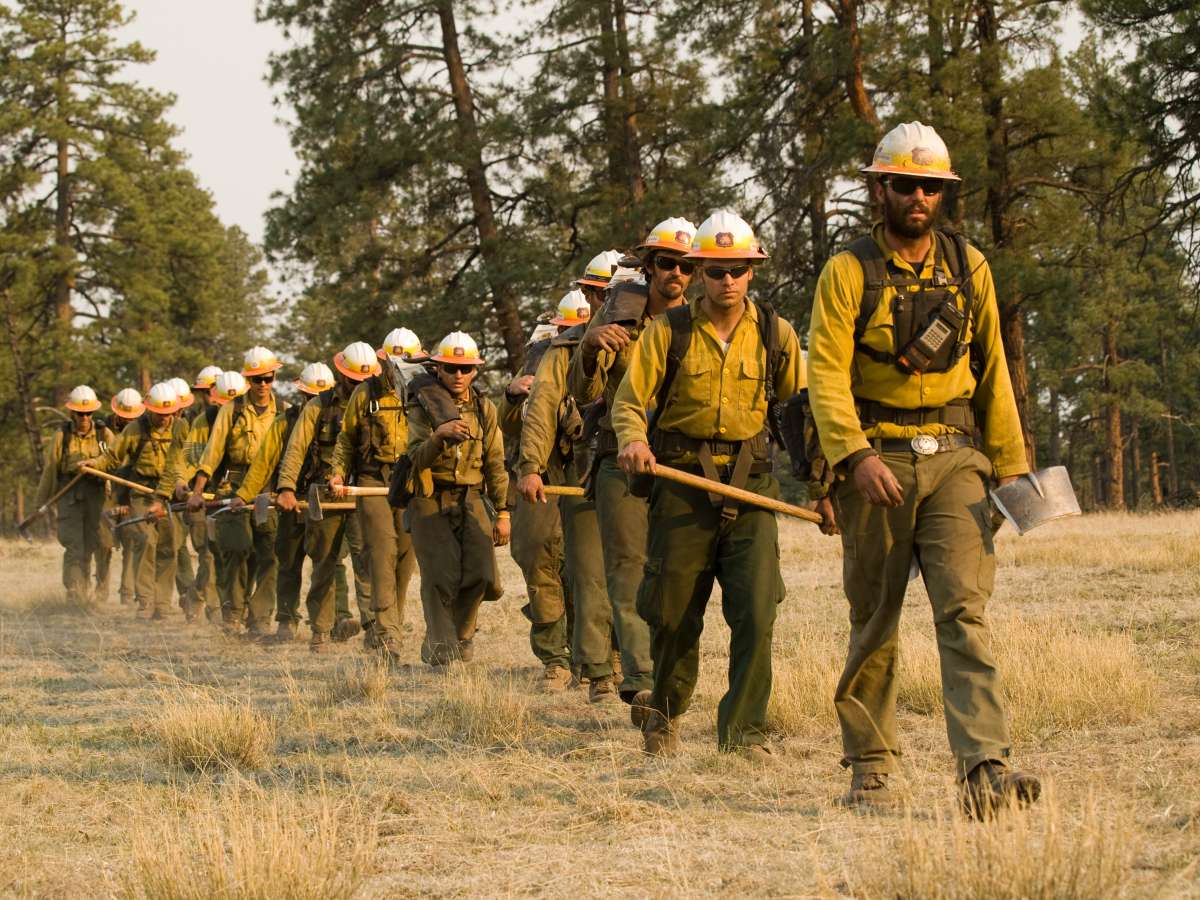 Photo of firefighters walking single file carrying tools and packs.