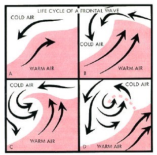 The life cycle of a frontal wave in four sections.