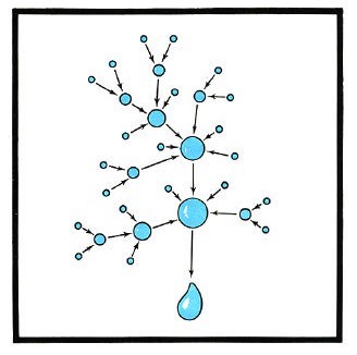 A diagram of the coalescence process of precipitation. It looks kind of like a molecule.