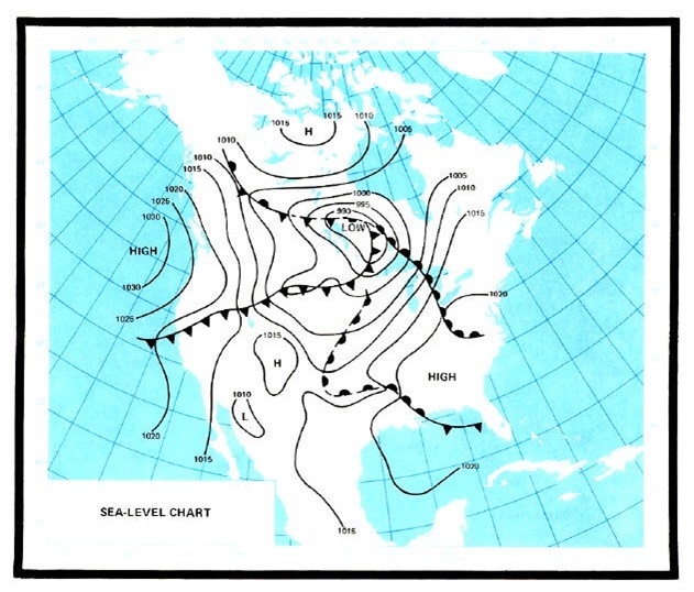 Sea-level chart of North America showing how chinook winds are dispersed.