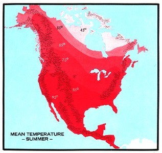 North America showing how mean summer temperatures decrease along the coast.