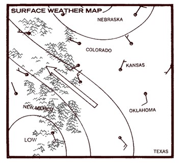 A surface weather map showing mid-western American states.