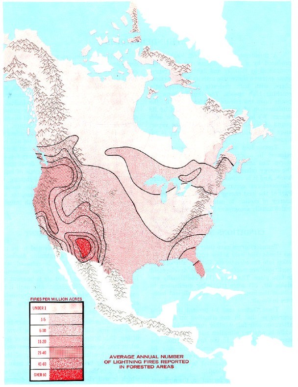 Map of North America with a color-coded representation of annual numbers of lightning fire reports. It is reddest in the southwest U.S.