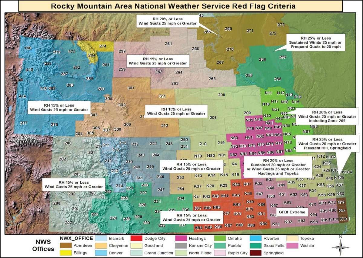 Map of rocky mountain area national weather service red flag criteria. with NWX offices designated.