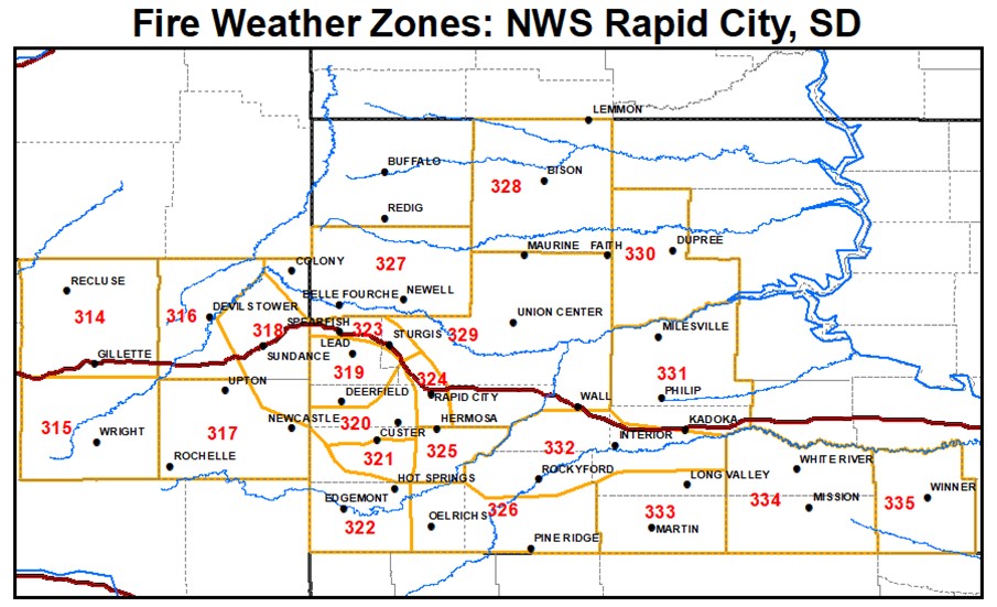 Map of fire weather zones for western South Dakota and eastern Wyoming..