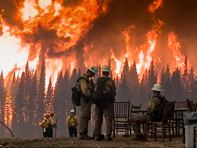 photo of firefighters with forest burning in the background. Decorative.