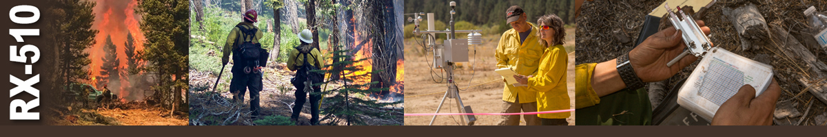 RX-510 Decorative banner. Four photos of wildland fire operations. Two men stand beside a truck as a huge forest fire rages behind them. Two firefighters review burning underbrush in the forest. Two weather specialists stand by a RAWS weather station reviewing papers. Photo of hands holding a weather gage and a booklet of charts.