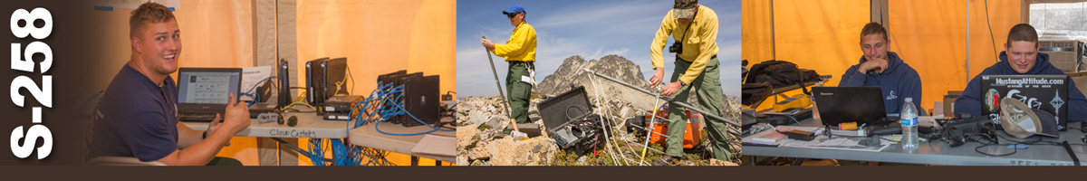 S-258 Decorative banner: Three photos of wildland fire telecommunications operations. Man sitting at table with multiple hard drives and a laptop in front of him. Two telecommunication fire specialists setting up radio antennas on the top of a mountain. Two communications techs sit behind laptops at a table.
