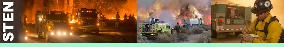 STEN decorative banner: Three photos depicting strike team leader engine, fire engines with lights, fire rigs in sagebrush, firefighter standing next to engine. STEN Position Description: The Strike Team Leader Engine directs five engines of the same Incident Command System (ICS) type performing tactical missions on a division or segment of a division, on wildland fire incidents. The STEN supervises resources at the Single Resource Boss level and reports to a Division/Group Supervisor. The STEN works in the Operations functional area.