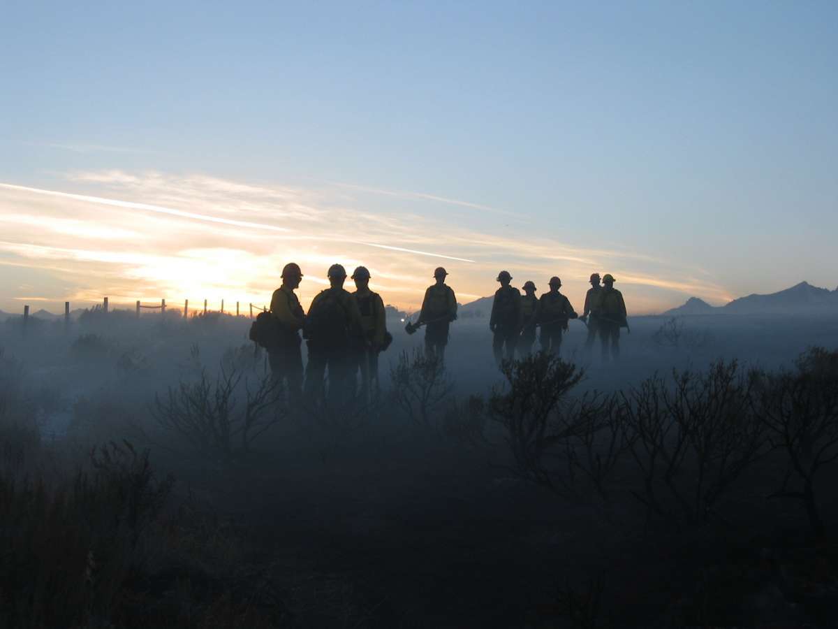 Group of wildland firefighters walking through low hanging smoke.