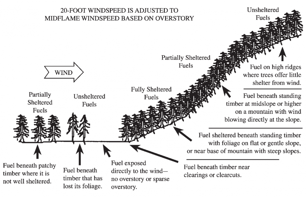 Image depicting Wind Adjustment Factors based on canopy cover and position on slope.