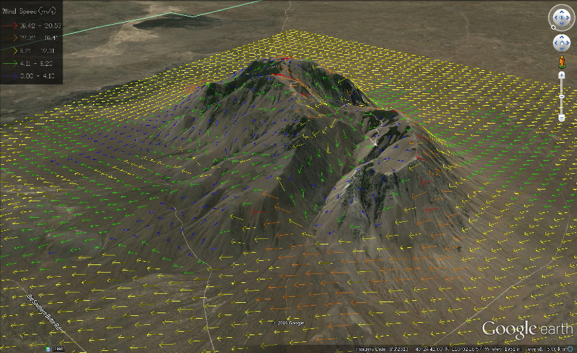 Wind Ninja: This image depicts output from software that combines general winds, terrain, and vegetative cover.