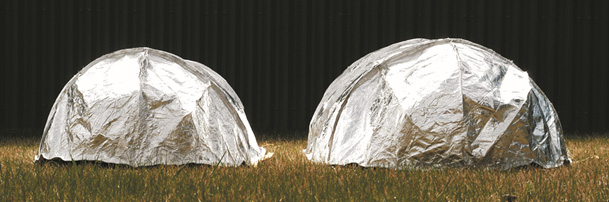 Two shelters side-by-side on a grassy field.