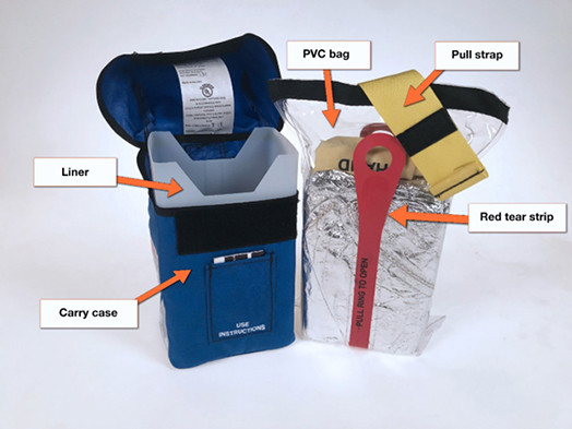 Parts of the fire shelter: carry case, liner, pvc bag, pull strap, red tear strip.