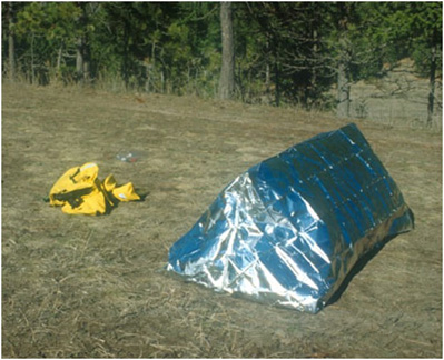 Photo of an aluminum foil shelter setup in an open field next to yellow shelter bag and in front of a line of tall trees in the background.