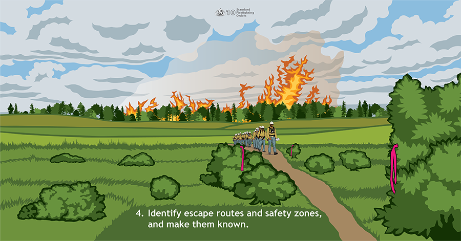 Identify escape routes and safety zones, and make them known. A fire crew is walking through a meadow on a path lined with pink flagging.  Behind them, a fire is growing in heavy timber.