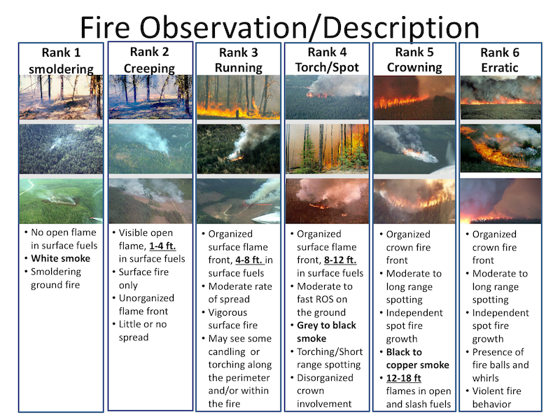 CFFDRS Fire Observation/Description chart.  This guide identifies key terms for describing fire behavior and provides reference imagery and descriptive detail to aid observation reports.